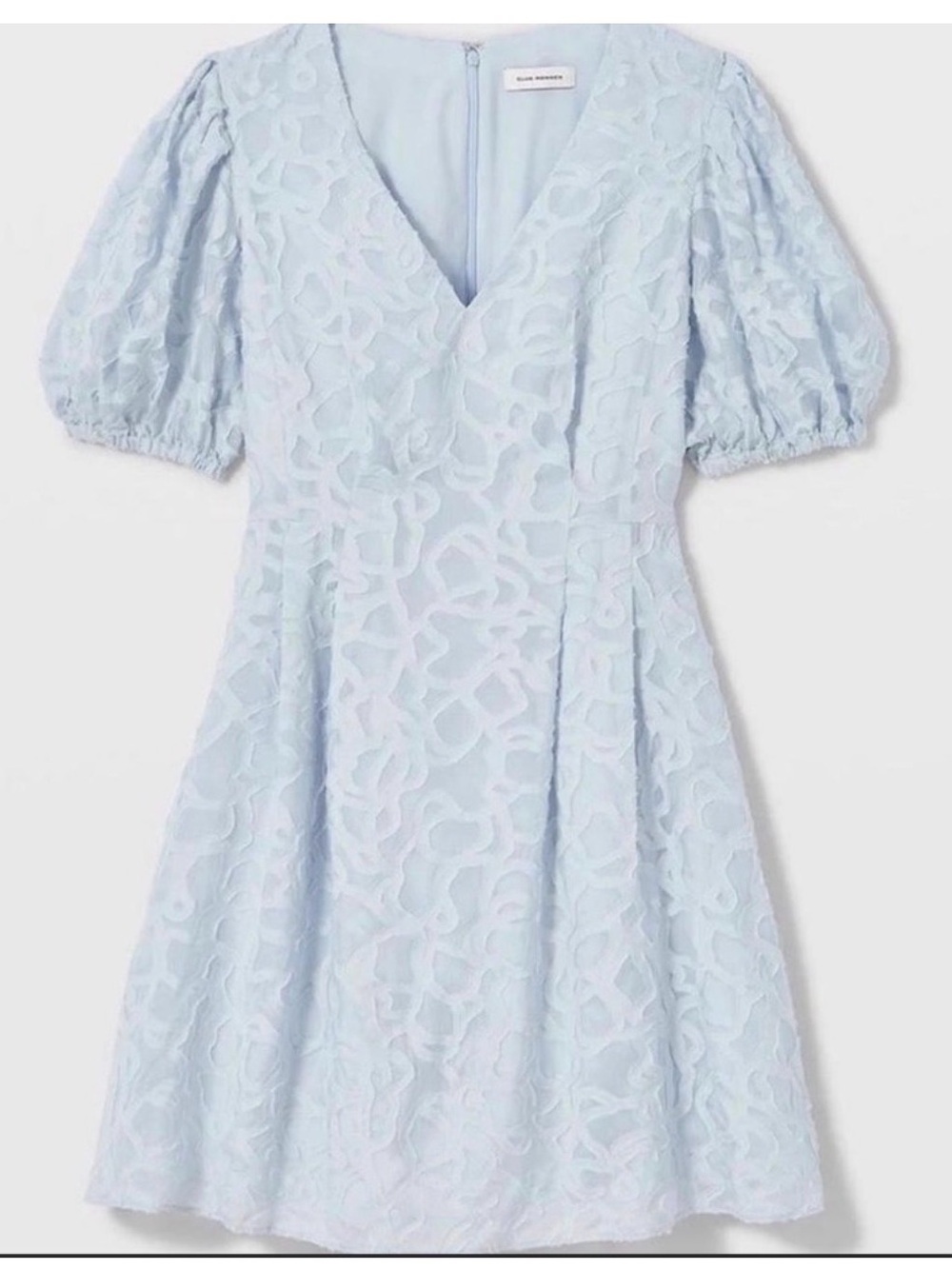 Club Monaco Pale Blue V-Neck Puff Sleeve Jacquard Dress